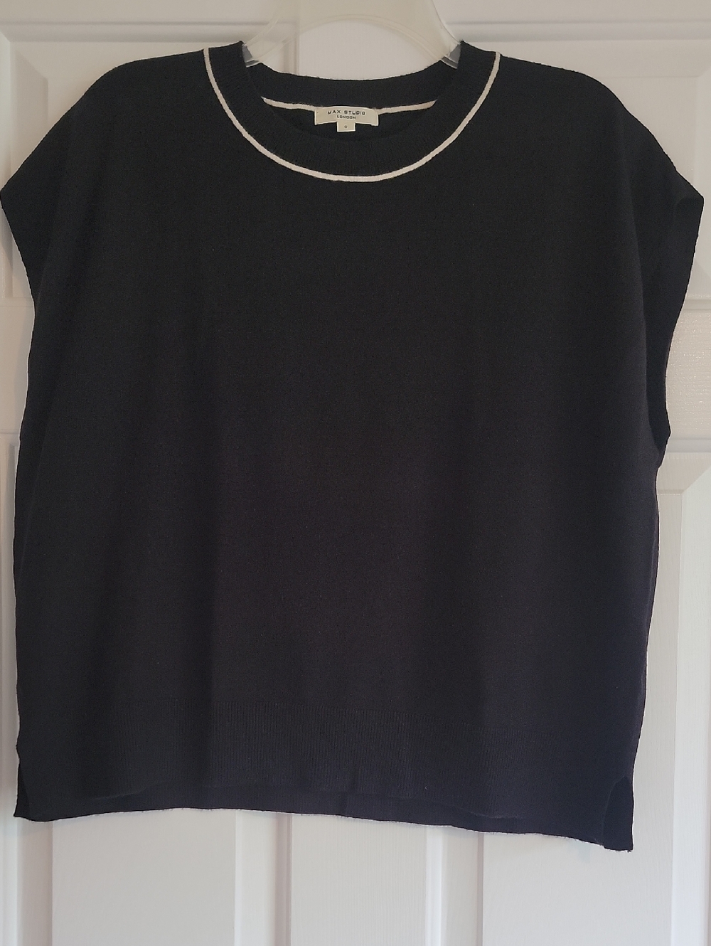 Max Studio Black Sleeveless Knit Tank with Cream Contrast Neckline
